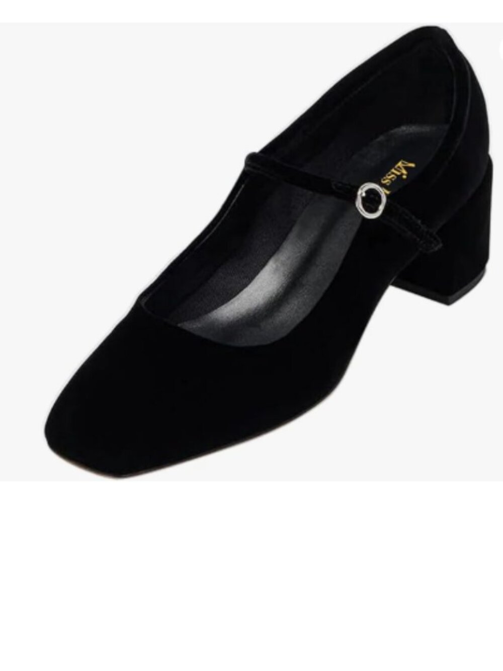 miss left Black Velvet Single Strap Buckle Square Toe Mary Janes Block Heel Pump